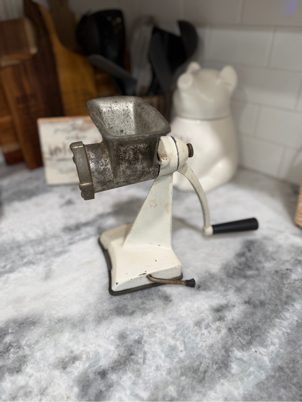 Vintage Hand Crank Meat Grinder Food Chopper White Suction Base